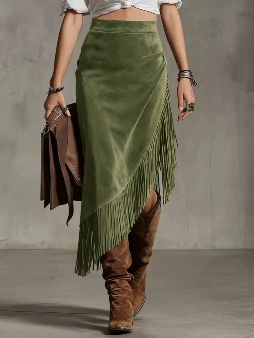 Green Casual Women's High Waist Midi Fringe Asymmetrical Zipper Skort